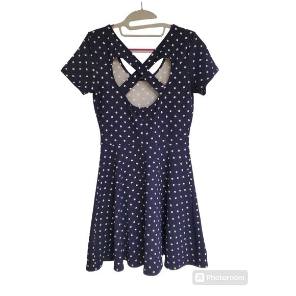 Women's Charming Charlie Navy Polka Dot Criss Cross Back Dress | Size Small - Picture 2 of 7